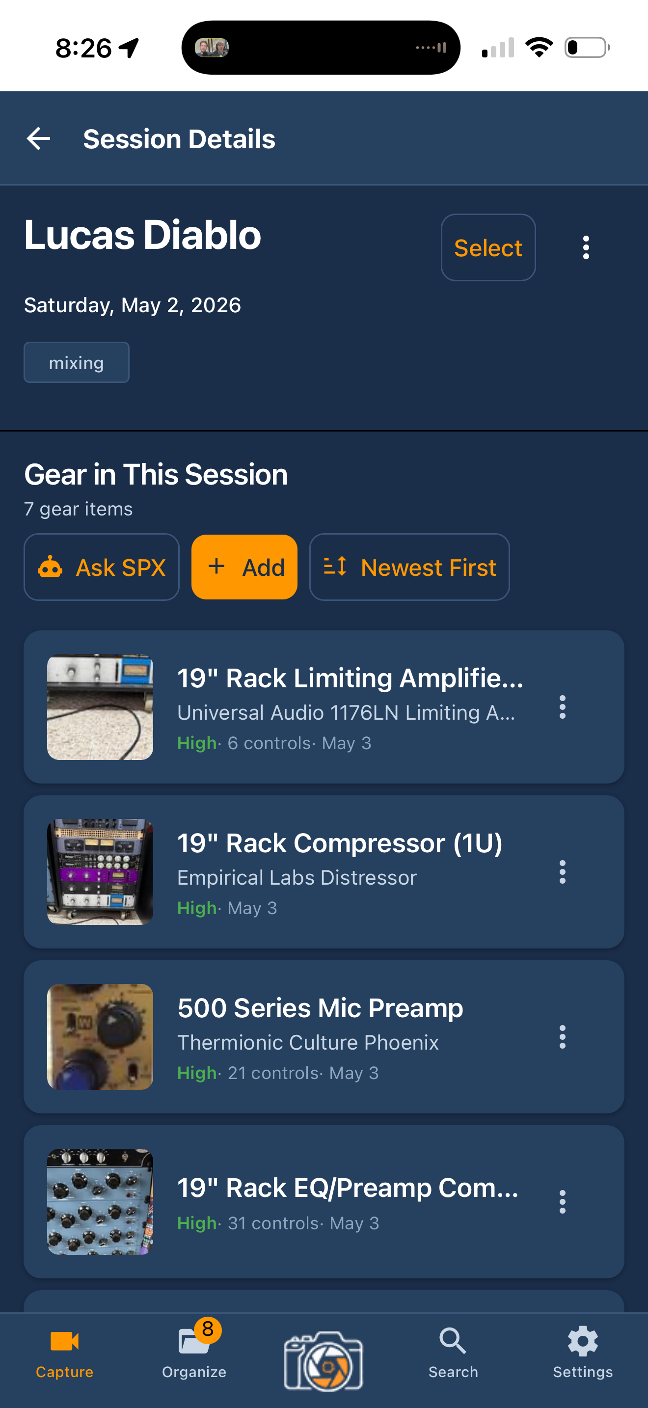 sessionpix inventory screen